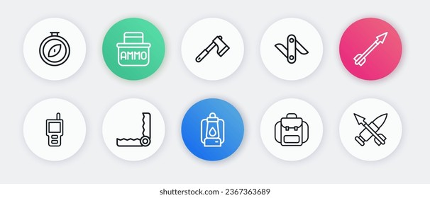 Línea de la linterna de camping, flecha medieval, Walkie talkie, mochila de senderismo, cuchillo del ejército suizo, hacha de madera, bala cruzada con e ícono de caza de Trap. Vector