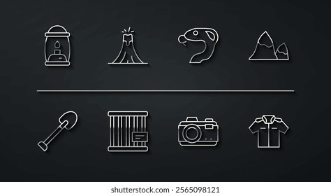 Set line Camping lantern, Shovel, Mountains, Photo camera, Animal cage, Volcano eruption, Shirt and Snake icon. Vector