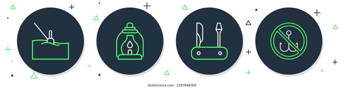 Set line Camping lantern, Swiss army knife, Fishing float water and No fishing icon. Vector