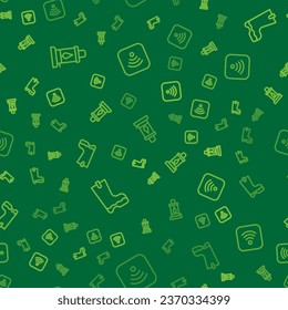 Set line Camping lantern, Waterproof rubber boot and Wi-Fi wireless internet on seamless pattern. Vector
