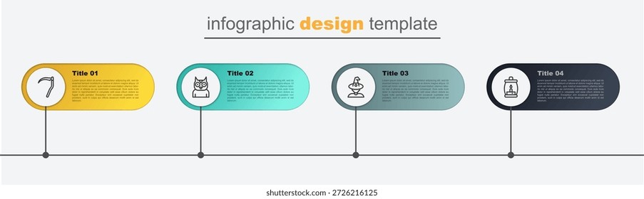 Set line Linterna de camping, bruja, pájaro búho y guadaña. Plantilla de infografía de negocios. Vector