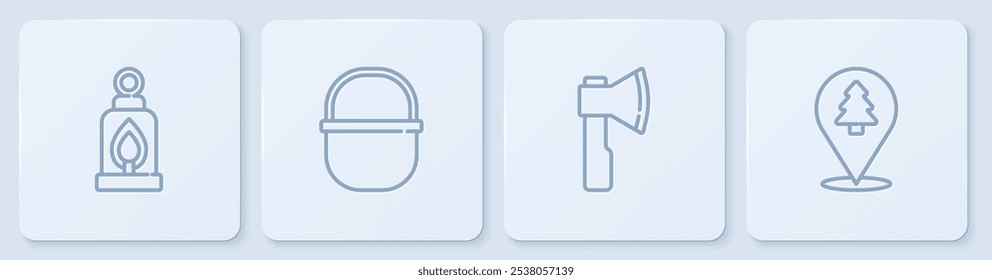 Set line Linterna de camping, hacha de madera, maceta y Locación de la selva. Botón cuadrado blanco. Vector