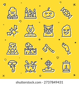 Set line Camping lantern, Zombie finger, Funny and scary ghost mask, Pumpkin, Krampus, heck, Flying bat, Tombstone with RIP written and Cat icon. Vector