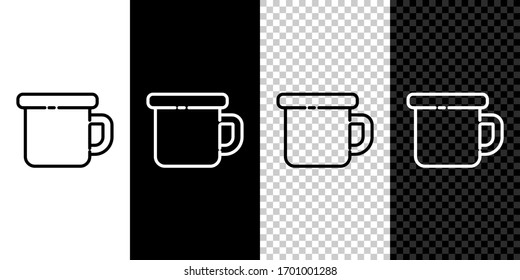 Set line Camping metal mug icon isolated on black and white background. Vector Illustration