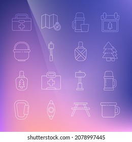 Set line Camping metal mug, Thermos container, Tree, and cup, Marshmallow stick, pot, First aid kit and Canteen water bottle icon. Vector