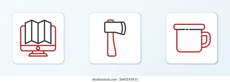 Set line Camping metal mug, Location of the forest monitor and Wooden axe icon. Vector