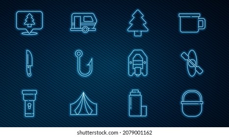 Set line Camping pot, Kayak or canoe, Forest, Fishing hook, Knife, Location of the forest, Rafting boat and Rv trailer icon. Vector