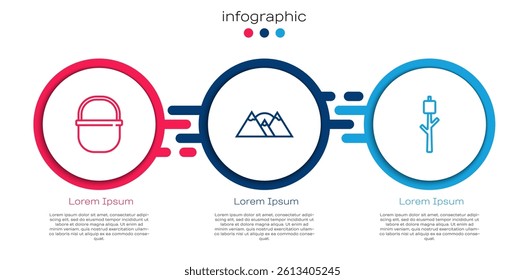 Set line Camping pot, Mountains and Marshmallow on stick. Business infographic template. Vector