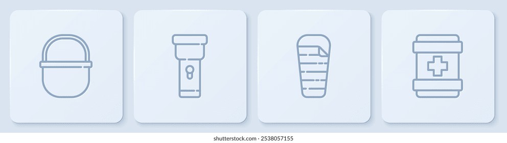 Set line Pote de camping, saco de dormir, linterna y botiquín de primeros auxilios. Botón cuadrado blanco. Vector