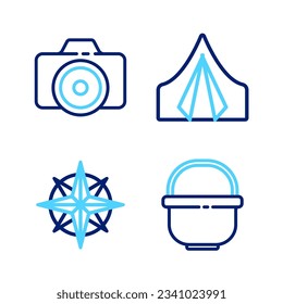 Set line Camping pot, Wind rose, Tourist tent and Photo camera icon. Vector