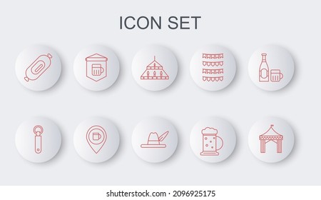 Set line Camping tent, Bottle opener, Massive steel chandelier, Wooden beer mug, Salami sausage, Signboard with glass of, Alcohol or bar location and Oktoberfest hat icon. Vector