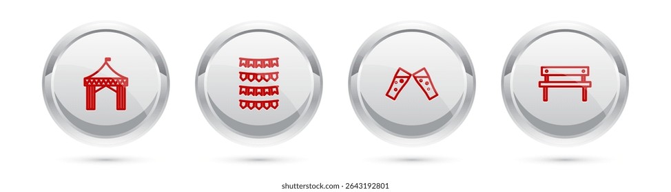 Set line Camping tent, Carnival garland with flags, Glass of beer and Bench. Silver circle button. Vector