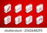 Set line Camping tent, Homemade pie, Fish, Mountains, French baguette bread, Harmonica, Beer can and Farm House icon. Vector