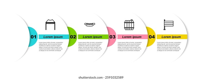 Set line Camping tent, Hotdog sandwich, Wooden barrel and National Germany flag. Business infographic template. Vector