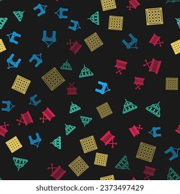 Set line Camping tent, Massive steel chandelier, Checkered napkin and Musical drum sticks on seamless pattern. Vector