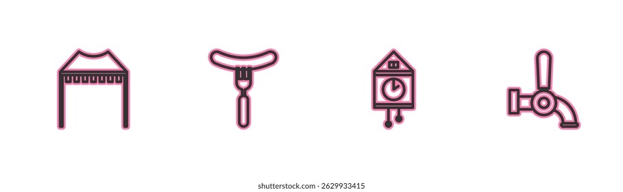 Set line Camping tent, Retro wall watch, Sausage on the fork and Beer tap icon. Vector
