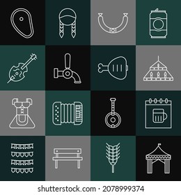 Set line Camping tent, Saint Patricks day calendar, Massive steel chandelier, Sausage, Beer tap, Violin, Steak meat and Chicken leg icon. Vector