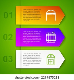 Set line Camping tent, Wooden barrel, Farm House and Steak meat. Business infographic template. Vector