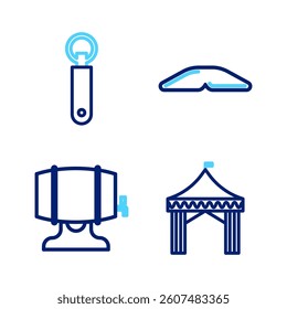 Set line Camping tent, Wooden barrel on rack, Homemade pie and Bottle opener icon. Vector