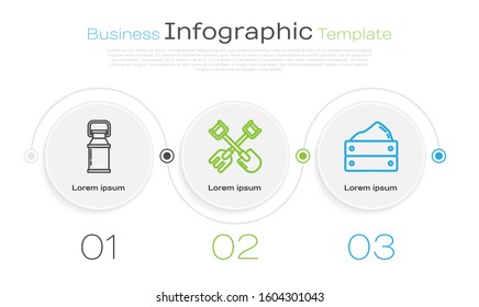Set line Can container for milk, Shovel and rake and Wooden box with harvest. Business infographic template. Vector