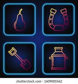 Set line Can container for milk, Shovel, Pear and Horseshoe. Gradient color icons. Vector