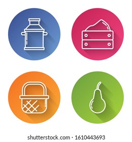 Set line Can container for milk, Wooden box with harvest, Shopping basket and Pear. Color circle button. Vector