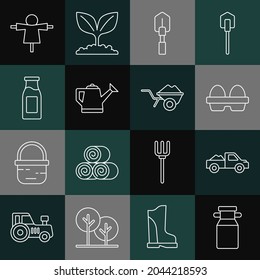 Set line Can container for milk, Pickup truck, Chicken egg box, Shovel, Watering can, Bottle with, Scarecrow and Wheelbarrow dirt icon. Vector
