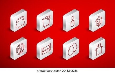 Set line Can container for milk, Bucket, Garden trowel spade shovel, Bird house, Chicken egg, Full sack, Wooden box and Shield corn icon. Vector