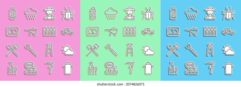 Set Line Dosencontainer für Milch, Sonne und Wolkenwetter, Pickup-LKW, Farmer-Hut, Rollkarren mit Schmutz, Hühnerei, Gartensprühdünger und Zaun-Holzsymbol. Vektorgrafik