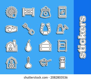 Set line Can container for milk, Bag of flour, Watering can, Shovel, Cheese, Sunflower and Horseshoe icon. Vector