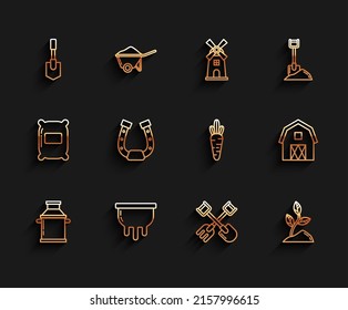 Set line Can container for milk, Udder, Shovel, and rake, Sprout, Horseshoe, Farm House concept and Carrot icon. Vector