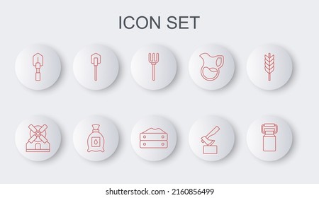 Set line Can container for milk, Windmill, Garden pitchfork, Wooden axe, Shovel, Pack full of seeds of plant and Bag flour icon. Vector