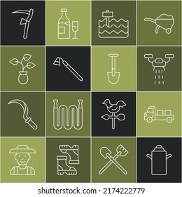 Set line Can container for milk, Pickup truck, Smart farm with drone, Garden bed, hoe, Plant, Scythe and Shovel icon. Vector
