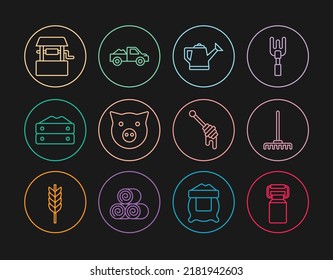 Set line Can container for milk, Garden rake, Watering can, Pig, Bag of flour, Well, Honey dipper stick and Pickup truck icon. Vector