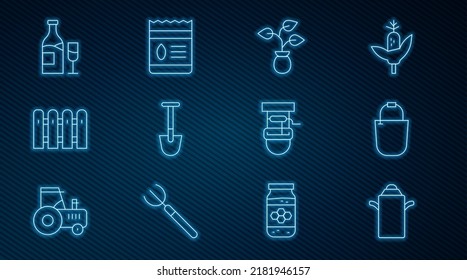 Set line Can container for milk, Bucket, Plant, Shovel, Garden fence wooden, Wine bottle with glass, Well bucket and Pack full of seeds of plant icon. Vector