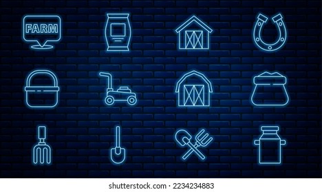 Set line Can container for milk, Full sack, Farm house, Lawn mower, Basket, Location farm,  and Fertilizer bag icon. Vector