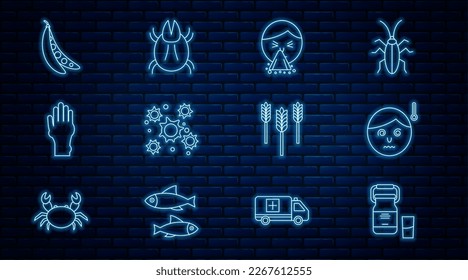 Set line Can container for milk, High human body temperature, Handkerchief to his runny nose, Bacteria, with psoriasis eczema, Kidney beans, Wheat and Parasite mite icon. Vector