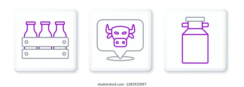 Set line Can container for milk, Bottled wooden box and Cow head icon. Vector