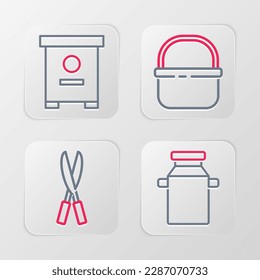 Set line Can container for milk, Gardening handmade scissors, Basket and Hive bees icon. Vector