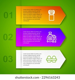Set line Can container for milk, Pack full of seeds of plant and Chicken egg box. Business infographic template. Vector