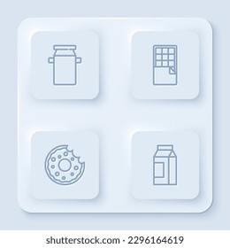 Set line Can container for milk, Chocolate bar, Donut and Paper package. White square button. Vector