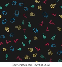 Set line Can container for milk, Garden rake, Farm house hand and Scythe on seamless pattern. Vector