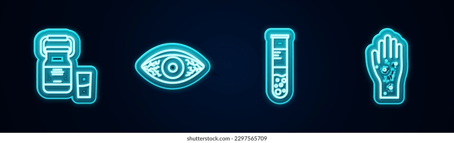 Set line Can container for milk, Reddish eye allergic conjunctivitis, Test tube and flask and Hand with psoriasis eczema. Glowing neon icon. Vector