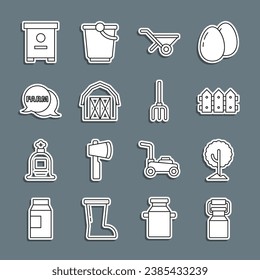 Set line Can container for milk, Tree, Garden fence wooden, Wheelbarrow, Farm house, Speech bubble with, Hive bees and pitchfork icon. Vector