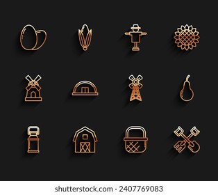 Set line Can container for milk, Farm House concept, Chicken egg, Shopping basket, Shovel and rake, Hangar, Pear and Windmill icon. Vector