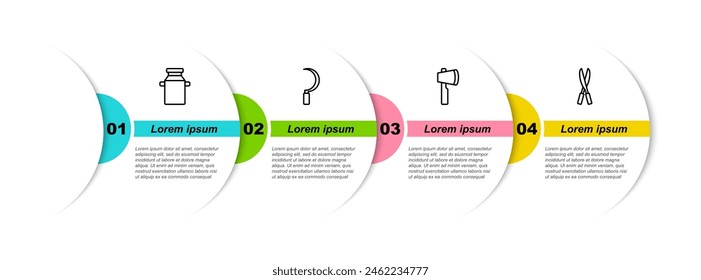 Set Linie Dosenbehälter für Milch, Sichel, Holzaxt und Gartenarbeit handgemachte Schere. In: Business Infographic Vorlage. Vektorgrafik
