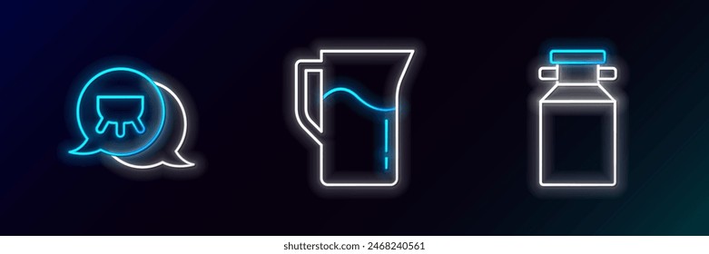 Set Linie Dosenbehälter für Milch, Euter und Milchkrug-Symbol. Glühendes Neon. Vektorgrafik