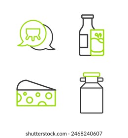 Set line Can container for milk, Cheese, Bottle and glass and Udder icon. Vector