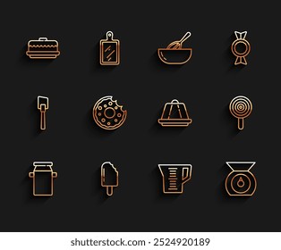Set line Can container for milk, Ice cream, Cake, Measuring cup, Scales, Donut, Lollipop and Pudding custard icon. Vector