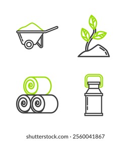 Set line Can container for milk, Roll of hay, Sprout and Wheelbarrow with dirt icon. Vector